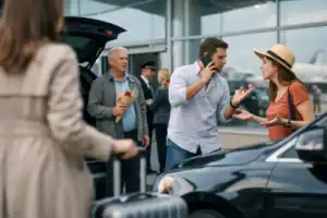 Passenger speaking with chauffeur at Boston airport pickup area.
