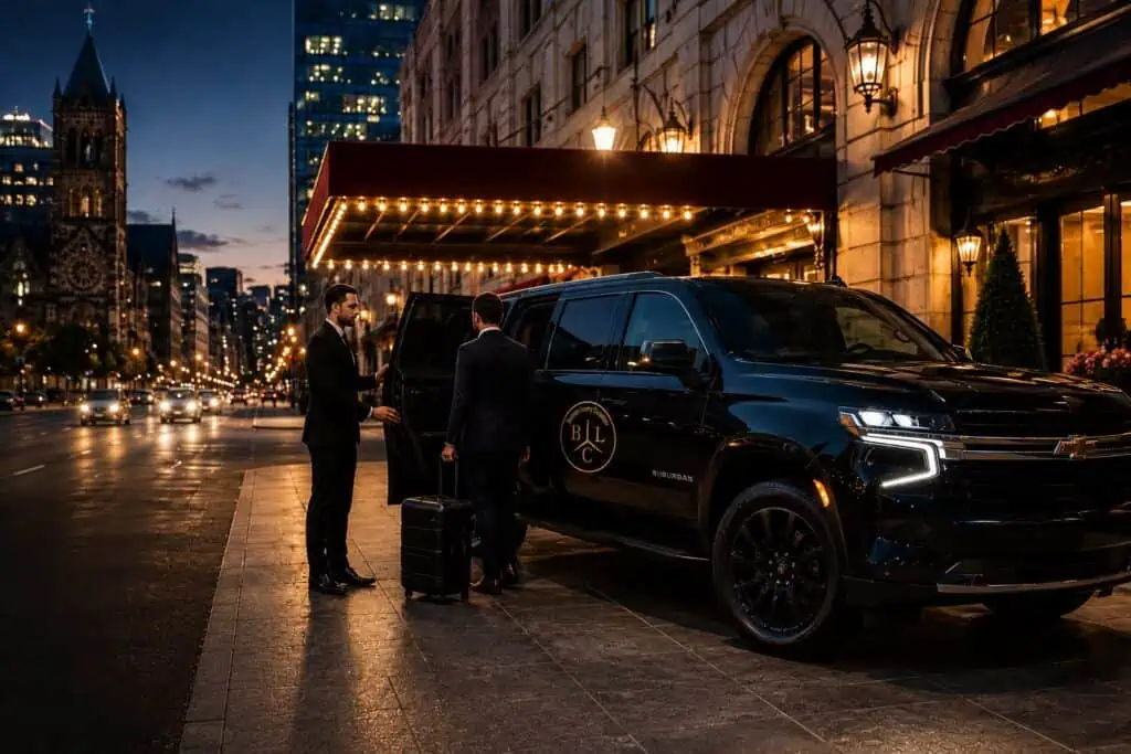 Luxury black SUV chauffeur service at night in Boston with city skyline.