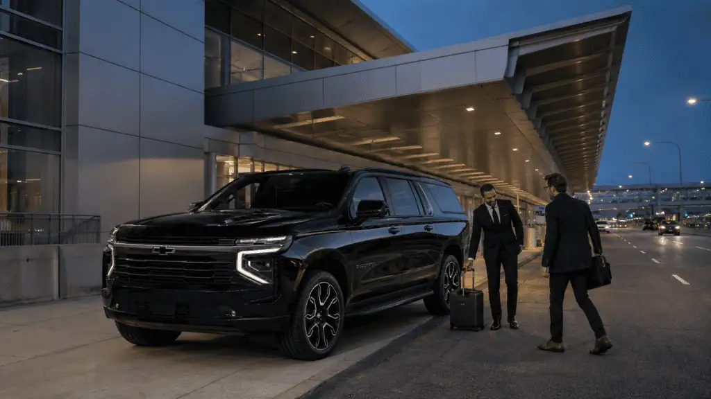 Luxury black SUV outside Boston Logan Airport terminal at night.