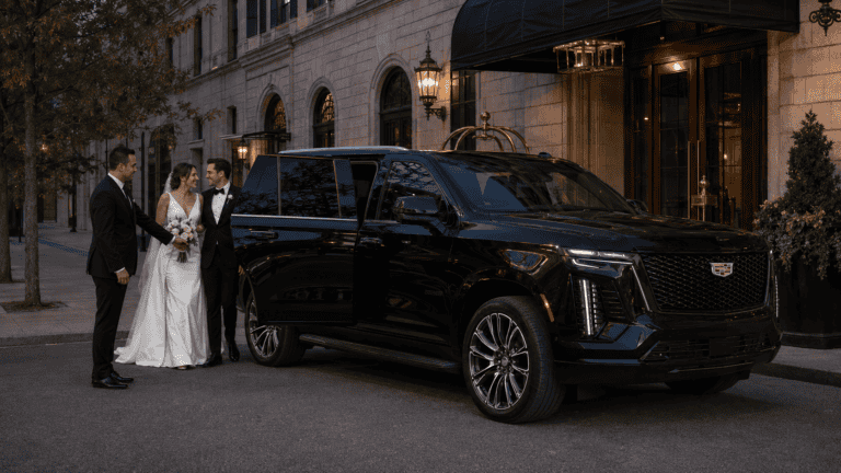Black luxury SUV chauffeur service outside a Boston hotel at night