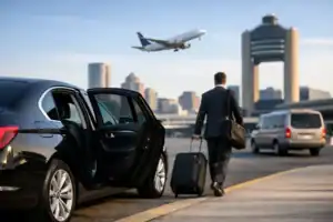 Luxury chauffeur service at Boston Logan Airport with black SUV and arriving traveler.
