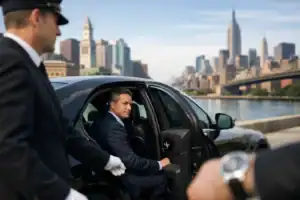 Luxury chauffeur in Boston with city skyline background.