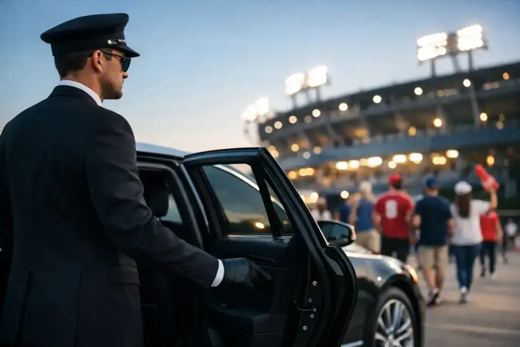 Luxury chauffeur in uniform with black SUV at Boston stadium.