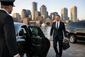 Businessman arriving at Logan Airport in a luxury black SUV in Boston.