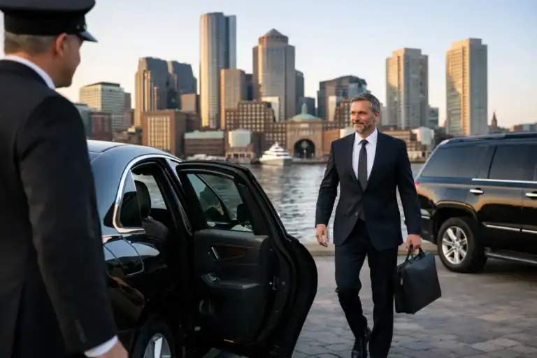 Businessman arriving at Logan Airport in a luxury black SUV in Boston.