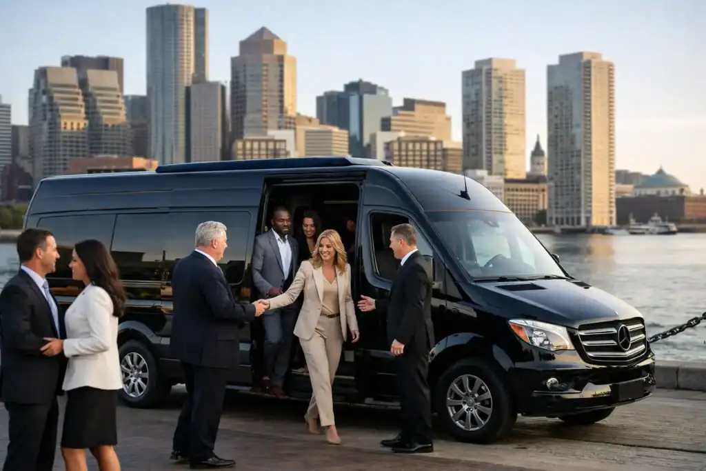 Luxury black Mercedes-Benz van with business professionals boarding in Boston.