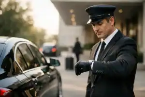 Chauffeur checking watch beside luxury black car at Boston airport.