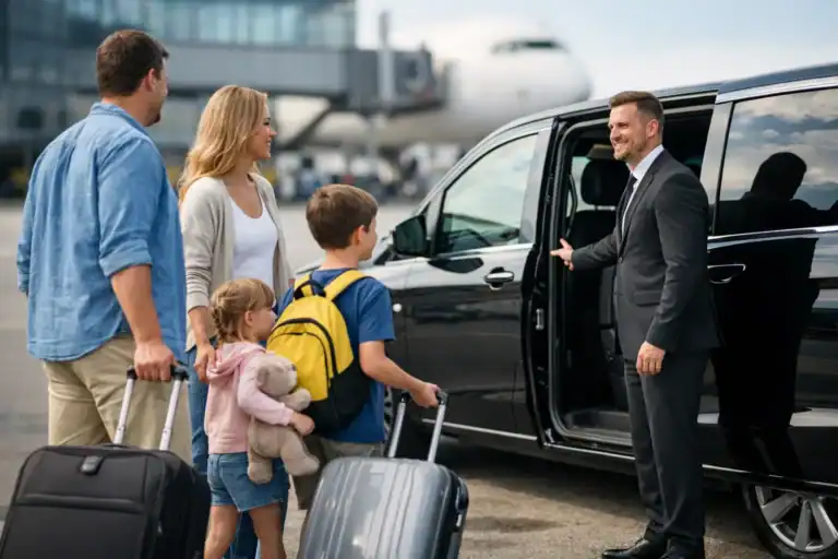 Family arriving at Logan Airport with luxury chauffeur service in Boston.