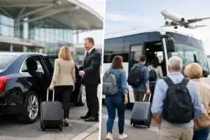 Luxury chauffeur greeting travelers at Logan Airport with black SUV and bus.