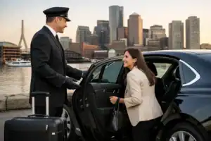 Luxury chauffeur greeting passenger at Boston Logan Airport.