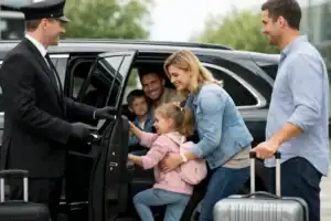 Family arriving at Logan Airport with chauffeur and luggage.
